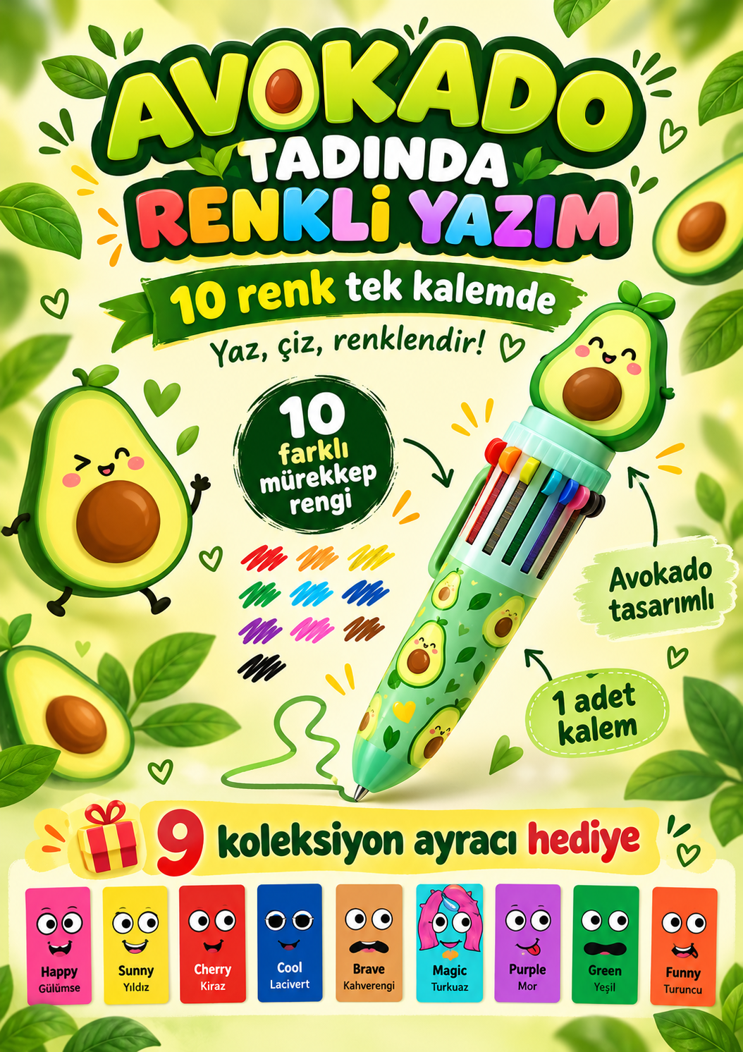 10 Renkli Avokado Tükenmez Kalem - Çoklu Tükenmez Kalem Multi Color